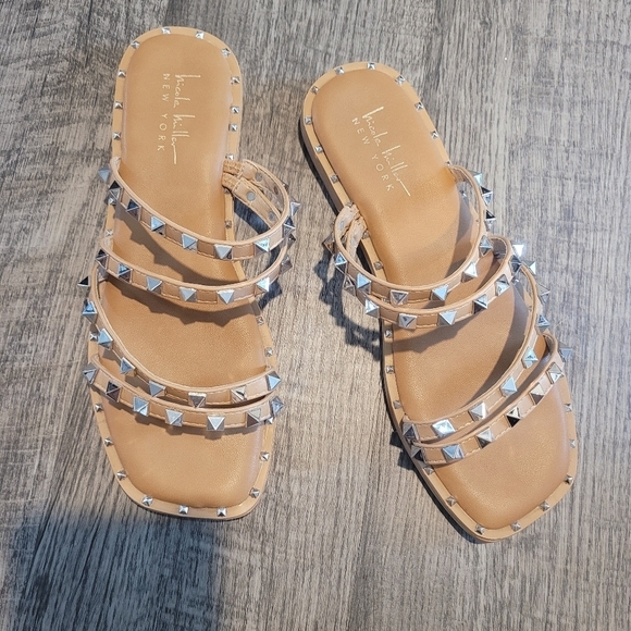 Nicole Miller Brown and Silver Studded Flat Sandals - Picture 1 of 1